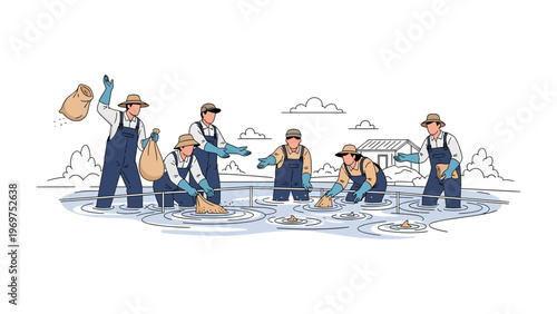 Harmony of Labor: A group of individuals dedicated to hard work, dressed in protective overalls and hats, collaborate diligently in an outdoor area.