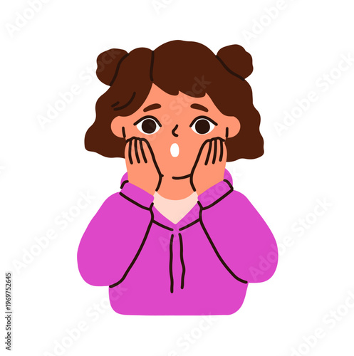 Surprised girl with open mouth in shock. Kid in amazement, astonishment. Child with amazed, astonished face expression, reaction to unexpected. Flat vector illustration isolated on white background