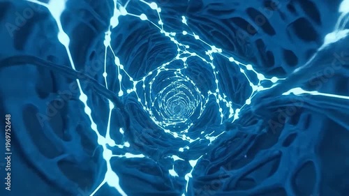 Abstract digital tunnel with glowing interconnected nodes and organic structures