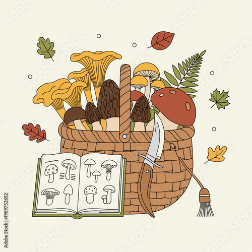 Flat Vector Illustration Of Autumn Mushroom Foraging Gear
