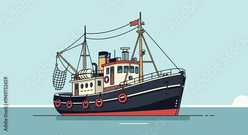Fishing boat illustration on calm water, cartoon style