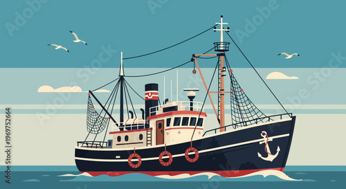 Fishing trawler boat sailing on the sea with seagulls flying around