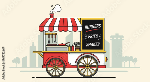 Food Cart with Burgers, Fries, Shakes Menu in City Silhouette