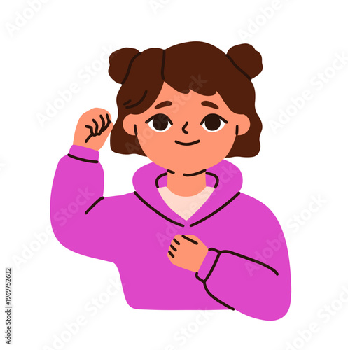 Cute smiling girl with fist raised. Child showing supporting, cheering hand g...