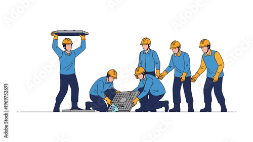 Construction Crew in action: A determined construction crew collaborates to lift and position a heavy object. Focused on teamwork, they exemplify efficiency and precision.