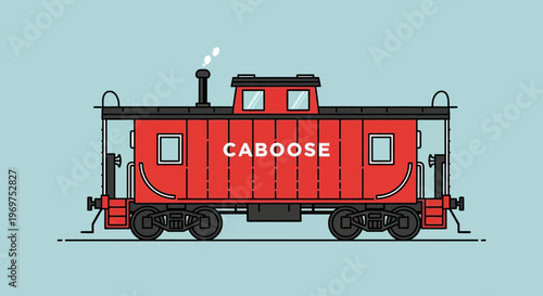 Red caboose train car illustration with "CABOOSE" text on a blue background