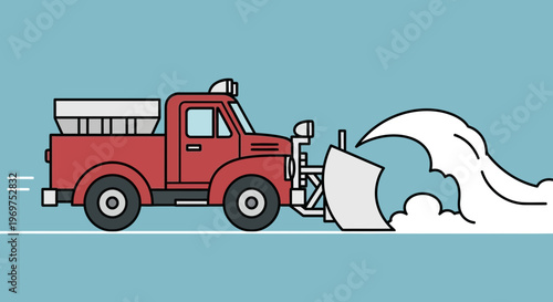 Red snow plow truck clearing snow from road, flat design