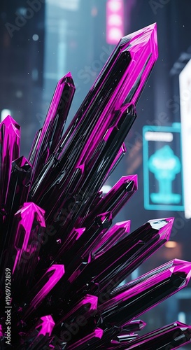 Vivid crystals cluster amidst an urban nightscape of technological promise