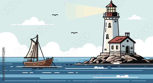 Sailboat near lighthouse on rocky island, calm sea, daytime