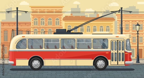 Retro trolleybus on a city street with vintage buildings
