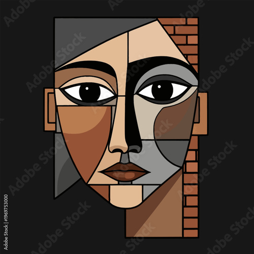 minimal geometric female portrait vector abstract cubist face taupe mocha beige greige black background modern wall art