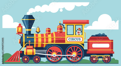 Vintage circus train with clown driver, red and yellow colors, steam, blue sky