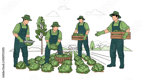 Harvest Teamwork: A group of diligent farmhands working together to harvest a crop on a farm, showcasing their collective effort and dedication.