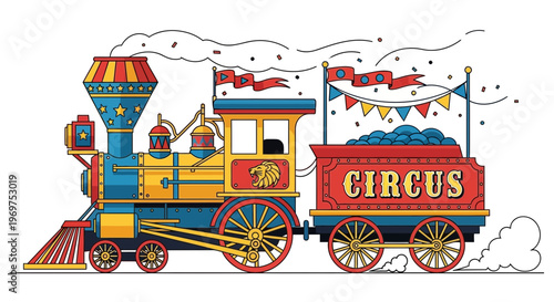 Vintage Circus Train with Colorful Wagons and Flags