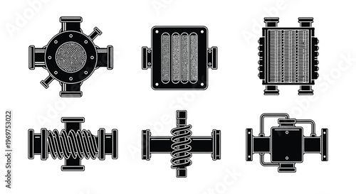 Illustrative collection of various industrial heat exchangers and piping components