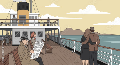 Vintage couple on cruise ship deck, enjoying scenic view of coastline.