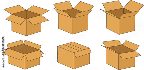 Brown cardboard box set with open and closed perspectives for shipping delivery moving and packaging warehouse logistics concept vector illustration