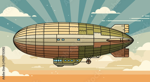 Vintage dirigible airship flying in sky with clouds and sun rays