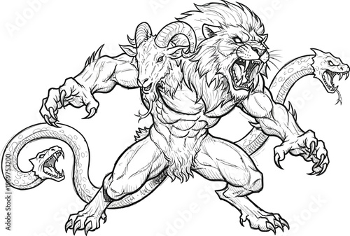 Mythical creature, lion, hydra, monster, illustration, vector, black and white
