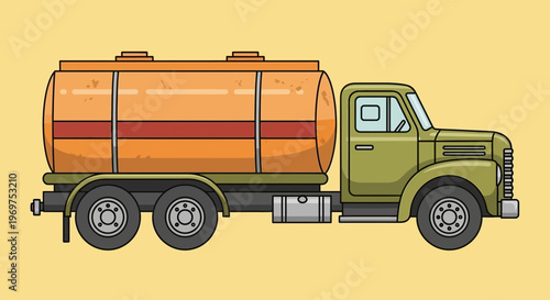 Vintage tanker truck with orange barrel on yellow background
