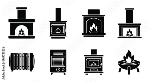Collection of black silhouette icons depicting various heating appliances