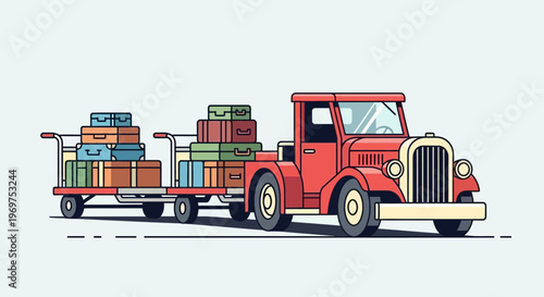 Vintage truck towing luggage cart full of suitcases, travel concept