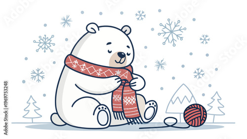 A cute polar bear wearing a red scarf and knitting in a winter wonderland scene