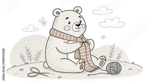 A cute cartoon bear sitting in a field with a ball of yarn