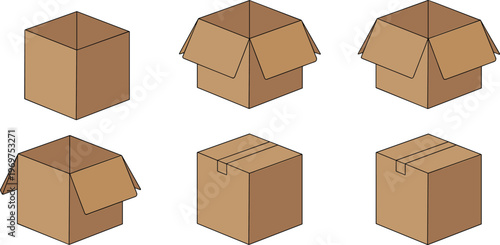 Brown cardboard box set with open and closed perspectives for shipping delivery moving and packaging warehouse logistics concept vector illustrationconcept vector illustration