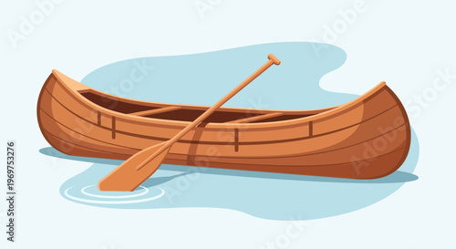 Wooden Canoe with Paddle on Calm Water