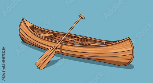 Wooden canoe with paddle on blue background