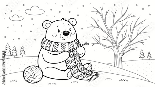 A cute bear knitting a scarf in a snowy winter landscape scene