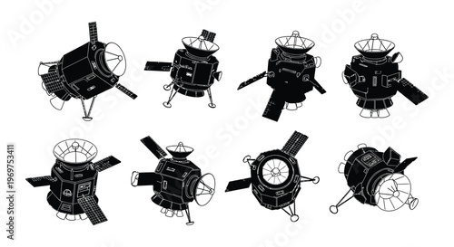 Detailed schematic illustrations of a soviet luna spacecraft in various views