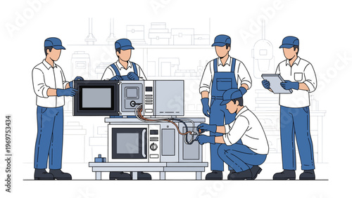 Appliance Repair Technicians: A team of skilled technicians diligently inspect and repair microwave ovens and other appliances, showcasing technical expertise in a workshop setting.
