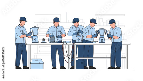 Blender Assembly Line: A team of skilled technicians meticulously assembles blenders at a manufacturing facility, highlighting precision and teamwork.