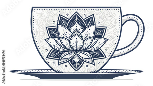 A delicate tea cup and saucer with a beautiful lotus flower design