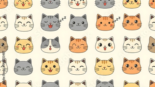 Cat face illustration pattern, seamless cute feline vector background