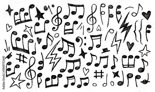 Crayon hand drawn icons of music notes. Doodle elements of sing or melody signs with chalk texture. Big set of black crayon music notes isolated on white background, vector illustration