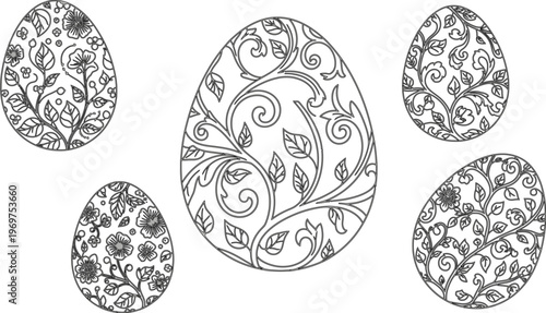 Easter eggs with floral patterns and swirling designs for coloring