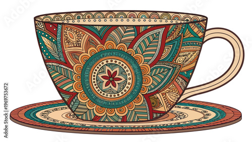 A colorful, ornate teacup and saucer with intricate floral patterns and designs