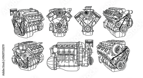 Detailed line art illustration of various internal combustion engines