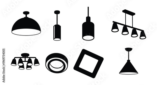 Black and white silhouettes of various modern lighting fixtures