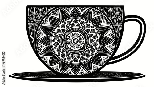 A black and white vector illustration of a teacup with intricate mandala designs