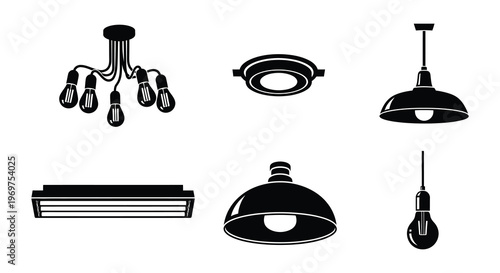 Black and white silhouettes of various modern lighting fixtures