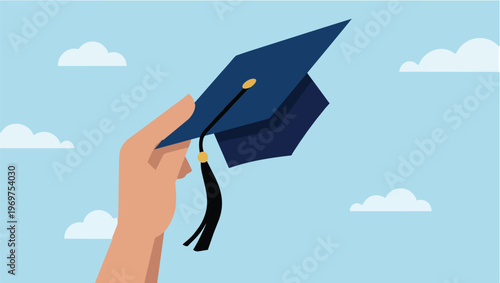 Hand Holding Graduation Cap with Tassel Against a Cloudy Blue Sky Background, Concept of Academic Success, Graduation Ceremony, Educational Achievement, and New Beginnings in Flat Vector Style