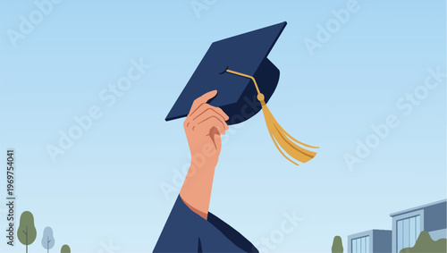 Close up of a Graduate Hand Holding a Graduation Cap Against a Blue Sky Background, Symbolizing Achievement, Success, and Educational Milestone in Minimalist Flat Vector Illustration Style