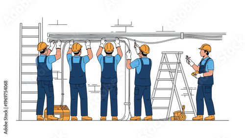 Team of Electricians at Work: A team of skilled electricians meticulously installs electrical wiring, working in unison to ensure a safe and efficient electrical system.