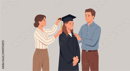 Proud parents assisting their daughter with her graduation cap and gown, family celebrating university commencement and academic success together, flat vector illustration on neutral background