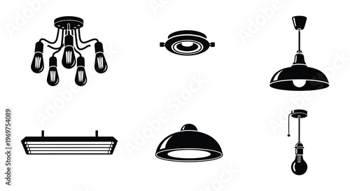 Black and white silhouettes of various modern lighting fixtures