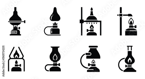 Collection of vintage oil lamp and burner icons in black silhouette